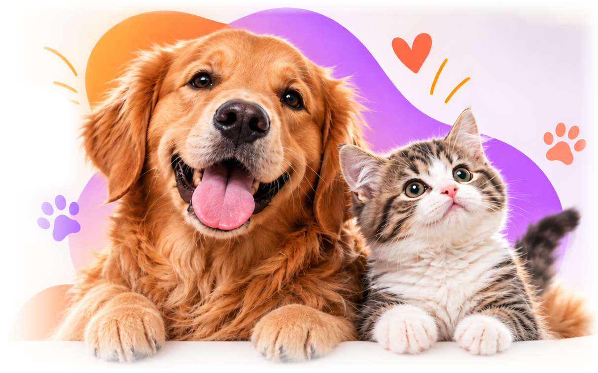 Mutlu bir golden retriever ve yavru kedi yan yana